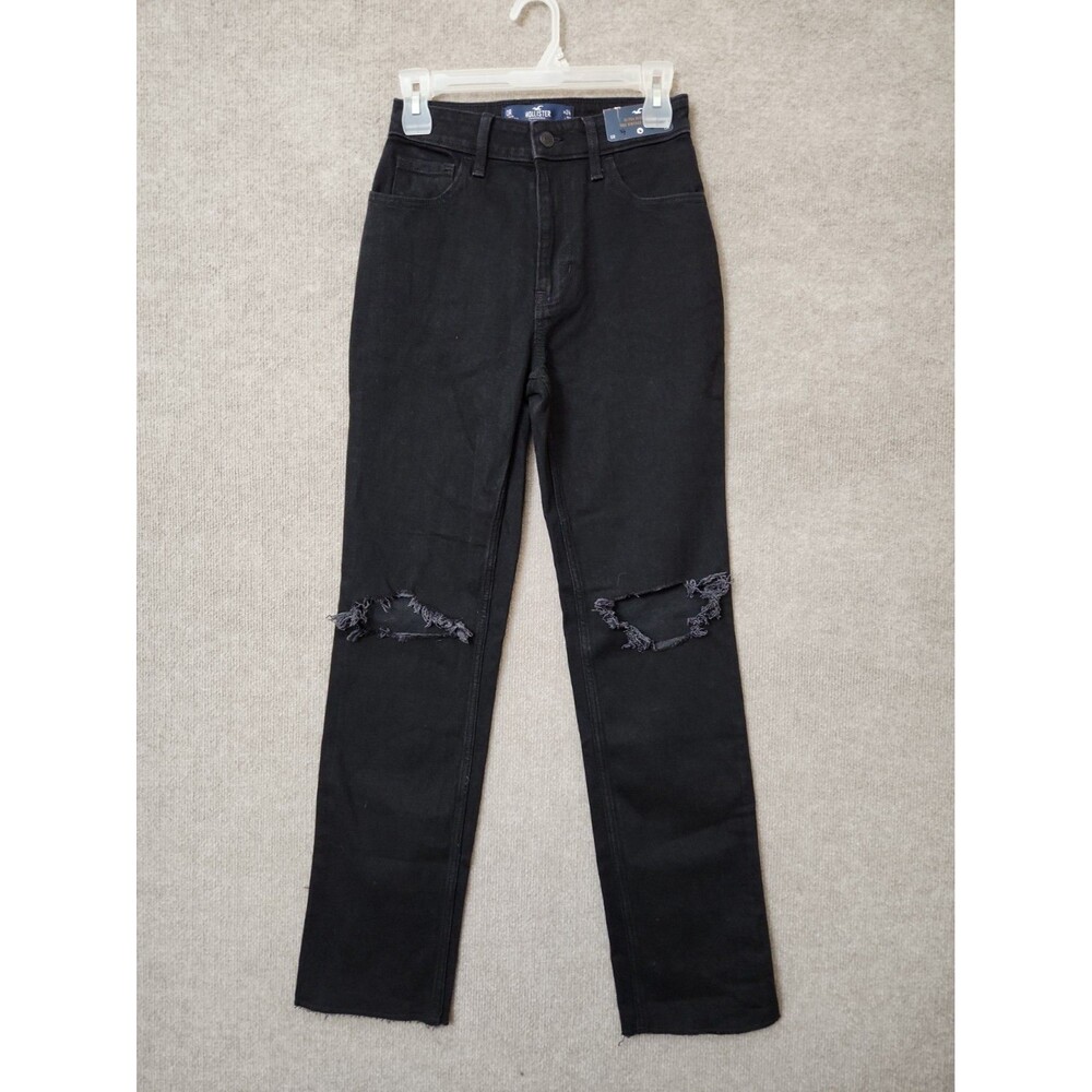 Hollister 90s Vintage Straight Jeans Womens 0 24 Black Ripped Raw Hem NEW